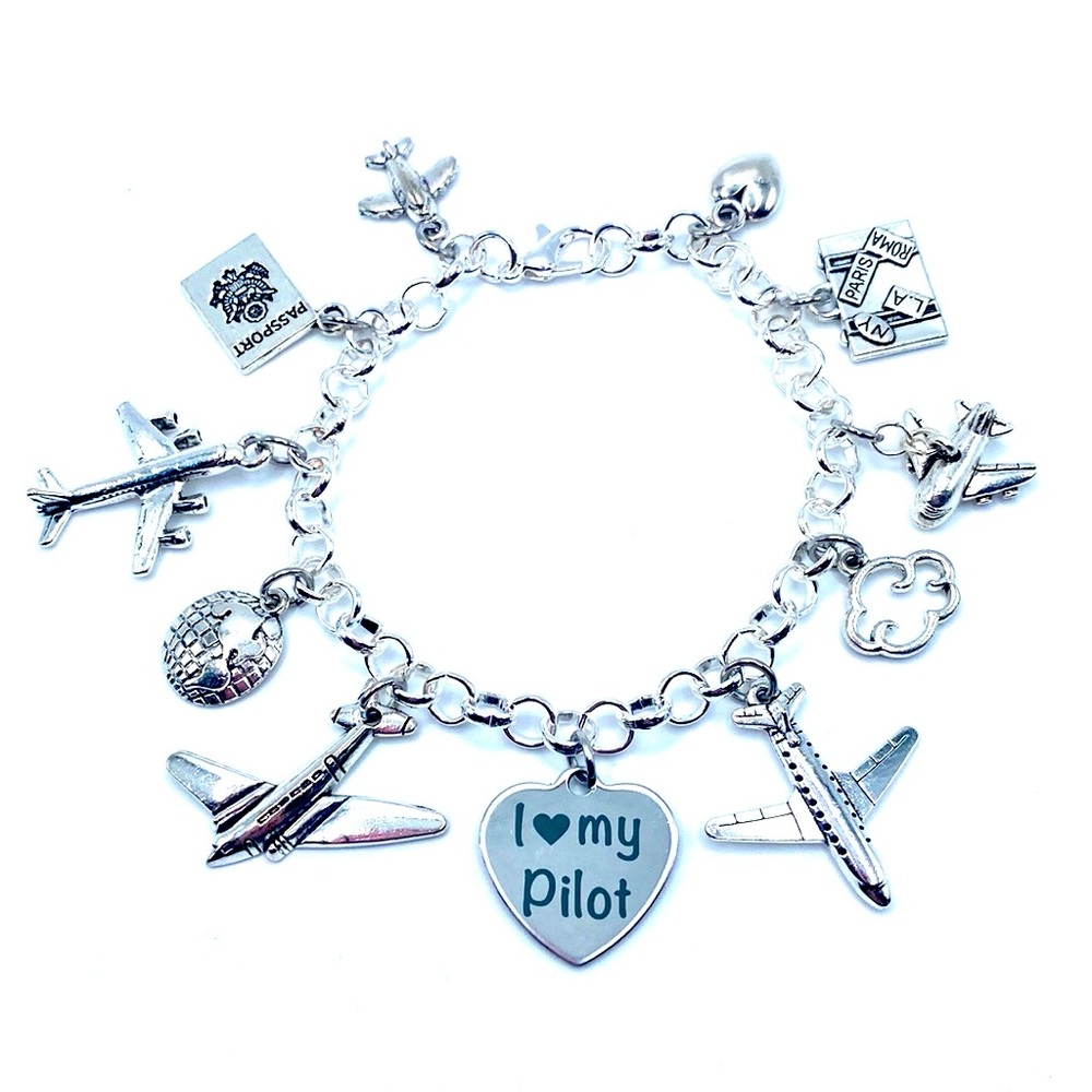 I Love My Pilot Charm Bracelet Airplanes Travel
